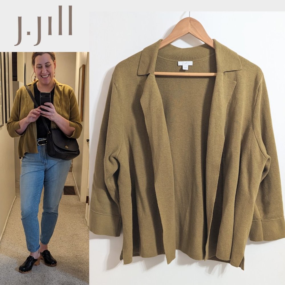 J Jill Olive Green Cropped Blazer Cardigan Sweater